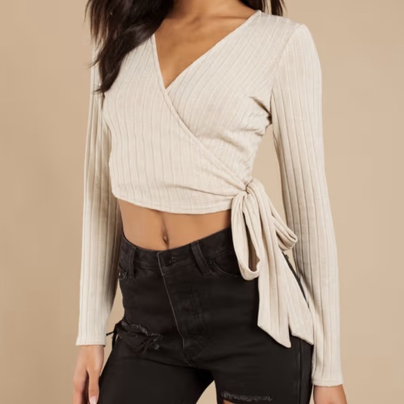 NWOT SHEIN Cream Ribbed Wrap Blouse Crop Long Sleeve Tie Front Top Size Small - Picture 1 of 6